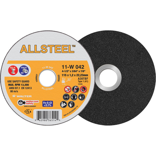 AllSteel Cut-Off Wheel, 4-1/2" x 3/64", 7/8" Arbor, Type 1, Aluminum Oxide, 13300 RPM Nia-Chem Ltd.