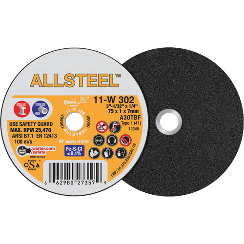 AllSteel Mini Cut-Off Wheel, 3" x 1/32", 1/4" Arbor, Type 1, Aluminum Oxide, 25470 RPM Nia-Chem Ltd.