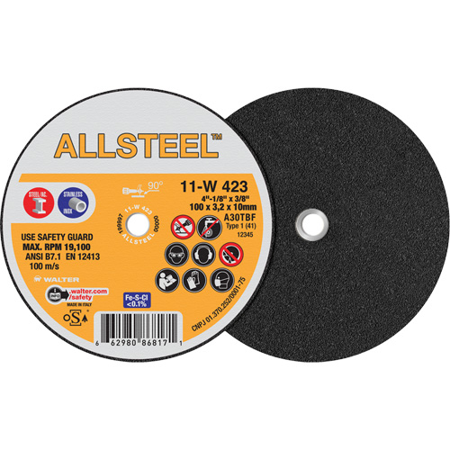 AllSteel Mini Cut-Off Wheel, 4" x 1/8", 3/8" Arbor, Type 1, Aluminum Oxide, 19100 RPM Nia-Chem Ltd.