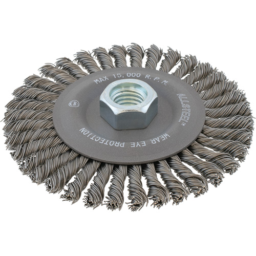 Brosse m&eacute;tallique &agrave; fils &eacute;troits nou&eacute;s AllSteel, Dia. 6", Fils 0,02", Arbre 5/8"-11, Acier Nia-Chem Ltd.