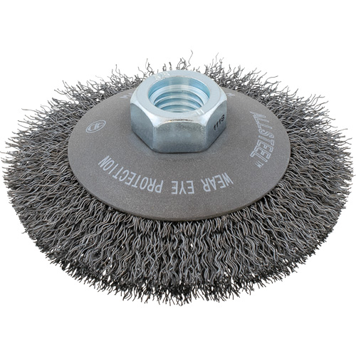 AllSteel Crimped Wire Brush, 4" Dia., 0.0118" Fill, 5/8"-11 Arbor Nia-Chem Ltd.