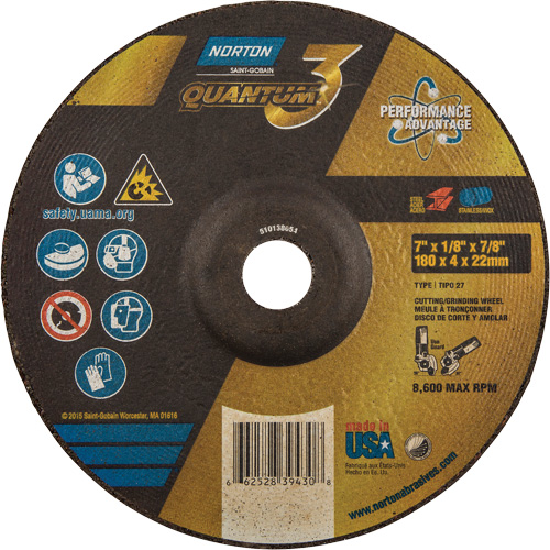 Disque de rectification et de tronçonnage Quantum3, 7" x 1/8", Arbre de 7/8", Type 27, Grain de 24, C&eacute;ramique d'alumine Nia-Chem Ltd.