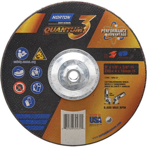 Disque de rectification et de tronçonnage Quantum3, 9" x 1/8", Arbre de 5/8"-11, Type 27, Grain de 24, C&eacute;ramique d'alumine Nia-Chem Ltd.