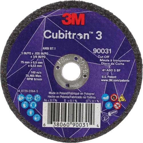 Cubitron 3 Cut-Off Wheel, 3" x 0.035", 3/8" Arbor, Type T1, Ceramic, 21000 RPM Nia-Chem Ltd.