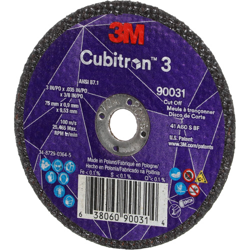 Cubitron 3 Cut-Off Wheel, 3" x 0.035", 3/8" Arbor, Type T1, Ceramic, 21000 RPM Nia-Chem Ltd.