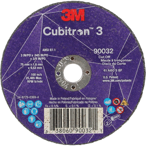 Meule &agrave; tronçonner Cubitron 3, 3" x 0,045", Arbre de 3/8", Type T1, C&eacute;ramique, 21000 Tr/min Nia-Chem Ltd.