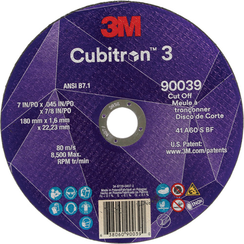 Meule &agrave; tronçonner Cubitron 3, 7" x 0,09", Arbre de 7/8", Type T27, C&eacute;ramique, 8500 Tr/min Nia-Chem Ltd.