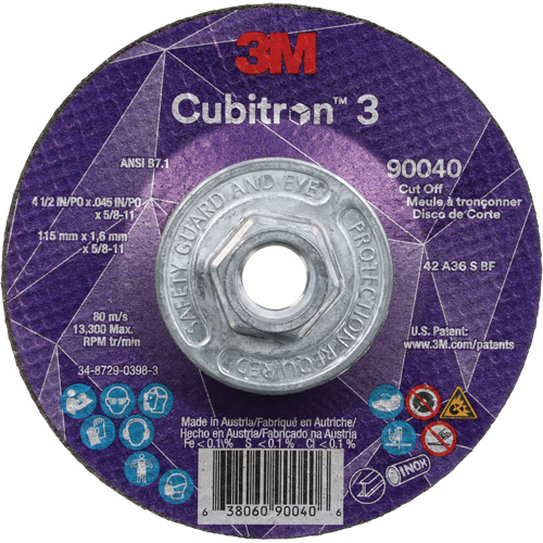 Meule &agrave; tronçonner Cubitron 3, 4-1/2" x 0,045", Arbre de 5/8"-11, Type T27, C&eacute;ramique, 13 300 Tr/min Nia-Chem Ltd.