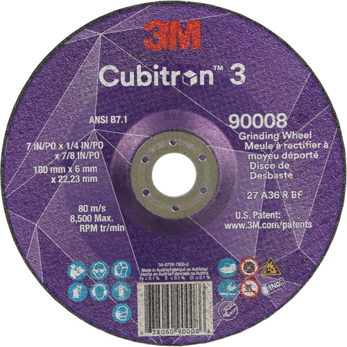 Cubitron 3 Depressed Centre Grinding Wheel, 7" x 1/4", 7/8" Arbor, Ceramic, Type T27 Nia-Chem Ltd.