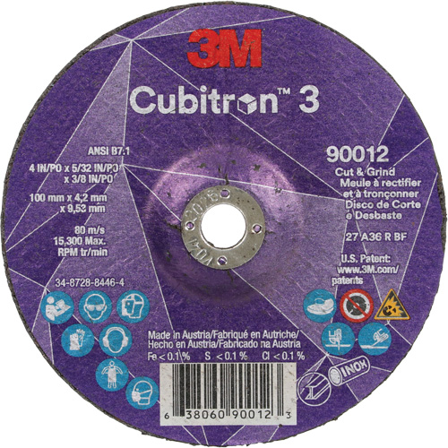 Meule &agrave; rectifier et &agrave; tronçonner Cubitron 3, 4" x 5/32", Arbre de 3/8", Type 27, Grain de 36, C&eacute;ramique Nia-Chem Ltd.