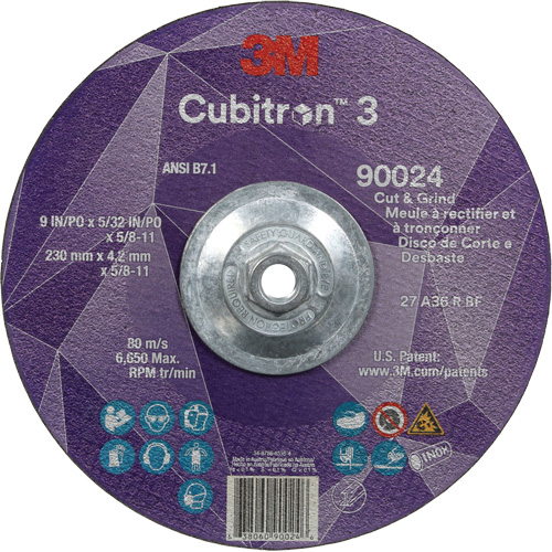 Meule &agrave; rectifier et &agrave; tronçonner Cubitron 3, 9" x 5/32", Arbre de 5/8"-11, Type 27, Grain de 36, C&eacute;ramique Nia-Chem Ltd.