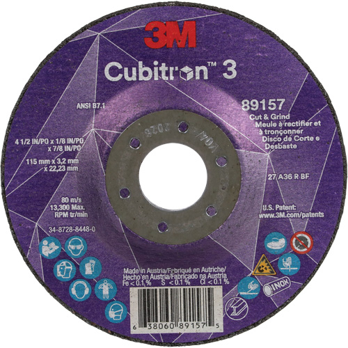 Meule &agrave; rectifier et &agrave; tronçonner Cubitron 3, 4-1/2" x 1/8", Arbre de 7/8", Type 27, Grain de 36, C&eacute;ramique Nia-Chem Ltd.