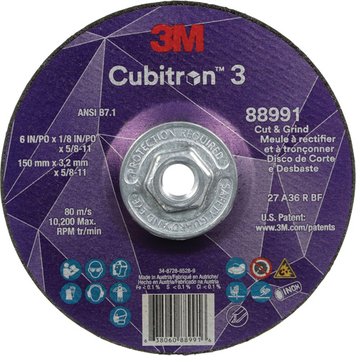 Cubitron 3 Cut and Grind Wheel, 6" x 1/8", 5/8"-11 Arbor, Type 27, 36 Grit, Ceramic Nia-Chem Ltd.