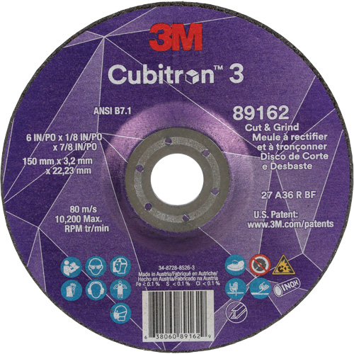 Meule &agrave; rectifier et &agrave; tronçonner Cubitron 3, 6" x 1/8", Arbre de 7/8", Type 27, Grain de 36, C&eacute;ramique Nia-Chem Ltd.
