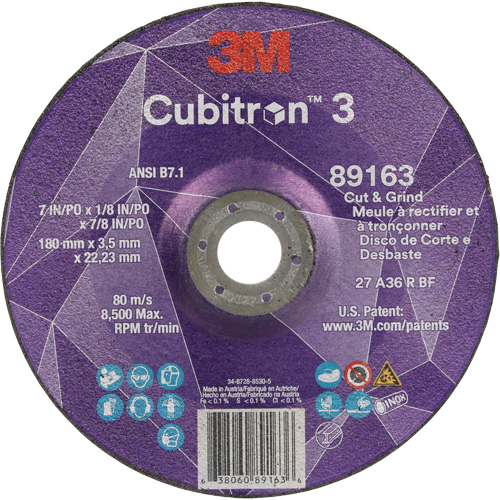 Meule &agrave; rectifier et &agrave; tronçonner Cubitron 3, 7" x 1/8", Arbre de 7/8", Type 27, Grain de 36, C&eacute;ramique Nia-Chem Ltd.