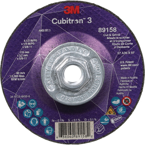 Cubitron 3 Cut and Grind Wheel, 4-1/2" x 1/8", 5/8"-11 Arbor, Type 27, 36 Grit, Ceramic Nia-Chem Ltd.