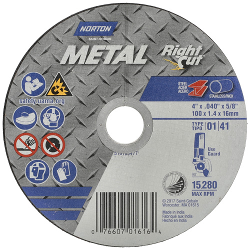Meule &agrave; tronçonner m&eacute;tallique pour coupe &agrave; angle droit RightCut, 4-1/2" x 0,04", Arbre de 7/8", Type 01/41, Oxyde d'aluminium, 13580 Tr/min Nia-Chem Ltd.
