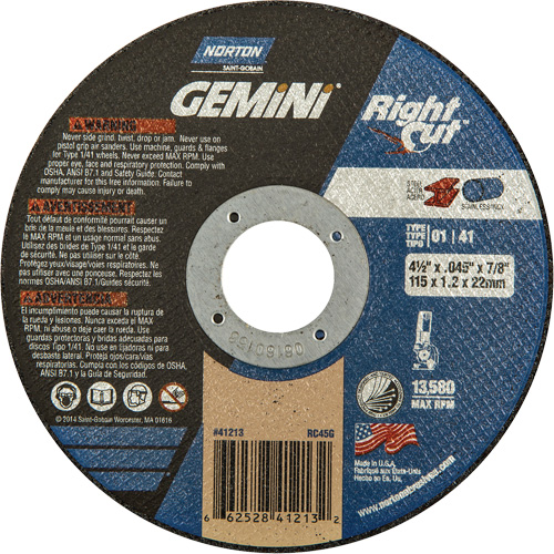Gemini RightCut Right Angle Cut-Off Wheel, 4-1/2" x 0.045", 7/8" Arbor, Type 01/41, Aluminum Oxide, 13580 RPM Nia-Chem Ltd.