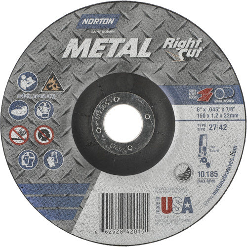 Metal RightCut Right Angle Cut-Off Wheel, 6" x 0.045", 7/8" Arbor, Type 27/42, Aluminum Oxide, 10190 RPM Nia-Chem Ltd.