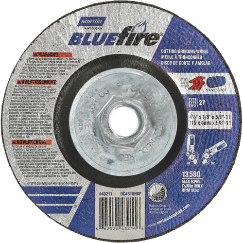 Disque de meulage et tronçonnage BlueFire, 4-1/2" x 1/8", Arbre de 5/8"-11, Type 27, Alumine de zirconium Nia-Chem Ltd.