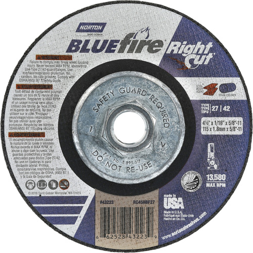 Meule &agrave; tronçonner pour coupe &agrave; angle droit RightCut BlueFire, 4-1/2" x 1/16", Arbre de 5/8"-11, Type 27/42, Oxyde d'aluminium, 13580 Tr/min Nia-Chem Ltd.