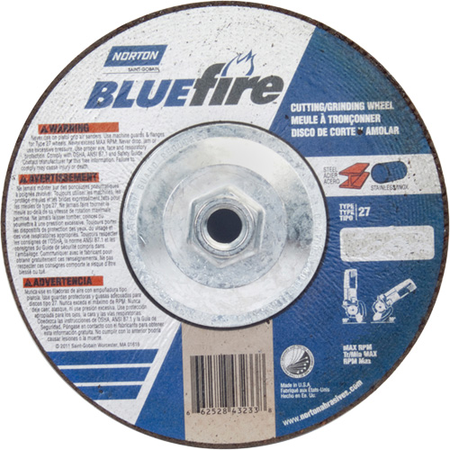 Disque de meulage et tronçonnage BlueFire, 7" x 1/8", Arbre de 5/8"-11, Type 27, Alumine de zirconium Nia-Chem Ltd.