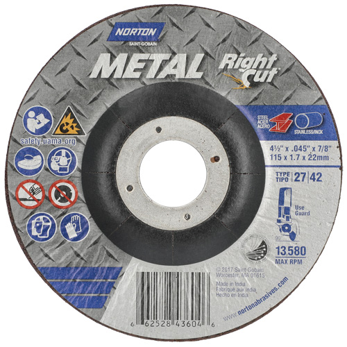 Metal RightCut Right Angle Cut-Off Wheel, 4-1/2" x 0.045", 7/8" Arbor, Type 27, Aluminum Oxide, 13580 RPM Nia-Chem Ltd.