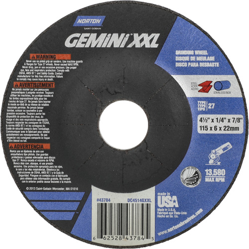 Meule XXL Gemini, 4-1/2" x 1/4", Arbre 7/8", Oxyde d'aluminium, Type 27 Nia-Chem Ltd.