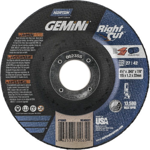 Gemini RightCut Right Angle Cut-Off Wheel, 4-1/2" x 0.045", 7/8" Arbor, Type 27/42, Aluminum Oxide, 13580 RPM Nia-Chem Ltd.