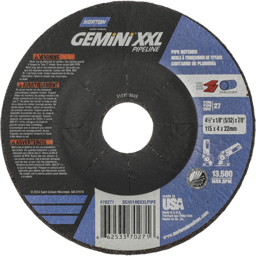 Disque combin&eacute; de meulage et tronçonnage Gemini XXL, 4-1/2" x 1/8", Arbre de 7/8", Type 27, Oxyde d'aluminium Nia-Chem Ltd.