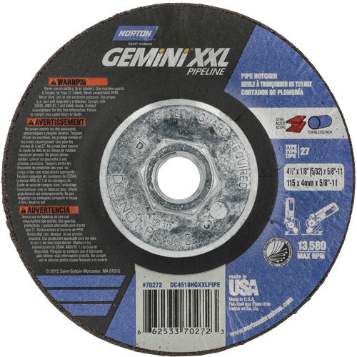 Disque combin&eacute; de meulage et tronçonnage Gemini XXL, 4-1/2" x 1/8", Arbre de 5/8"-11, Type 27, Oxyde d'aluminium Nia-Chem Ltd.