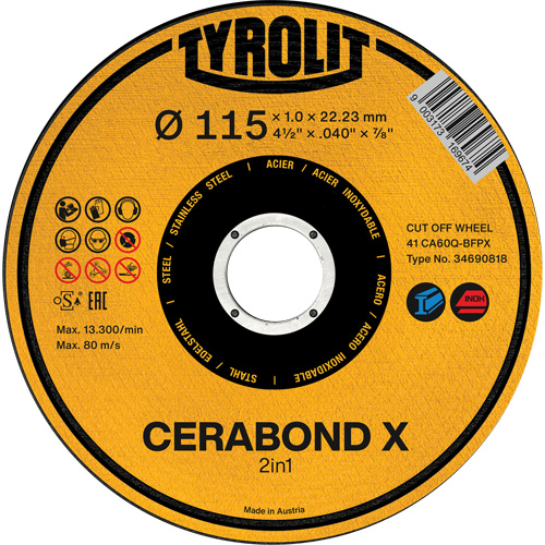 Meule &agrave; tronçonner CA60Q-BFPX CERABOND X, 4-1/2" x 0,039", Arbre de 7/8", Type 1 Nia-Chem Ltd.