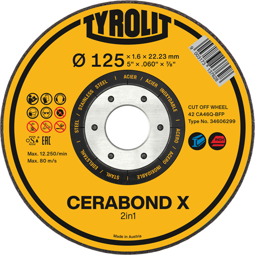 Meule &agrave; tronçonner pour acier et acier inoxydable CERABOND X, 5" x 0,45", Arbre de 7/8", Type 1, C&eacute;ramique, 12250 Tr/min Nia-Chem Ltd.
