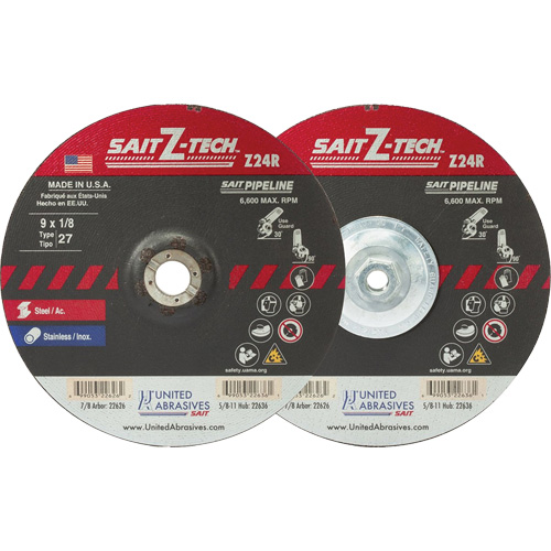 Meule haute performance pour pipelines Sait Z-Tech, 6" x 1/8", Arbre 5/8"-11, Zirconium, Type 27 Nia-Chem Ltd.