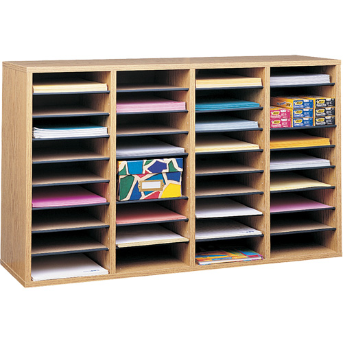 Adjustable Compartment Literature Organizer, Stationary, 36 Slots, Wood, 39-1/4" W x 11-3/4" D x 24" H Nia-Chem Ltd.