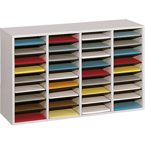 Adjustable Compartment Literature Organizer, Stationary, 36 Slots, Wood, 39-1/4" W x 11-3/4" D x 24" H Nia-Chem Ltd.