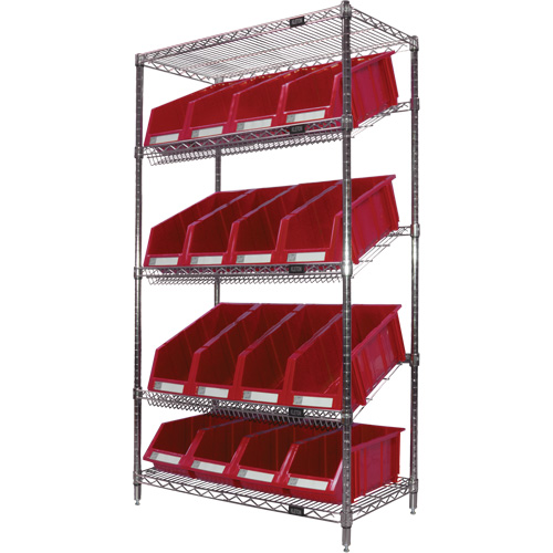 Slanted Wire Shelf with Bins, 5 Tiers, 36" W x 63" H x 18" D Nia-Chem Ltd.