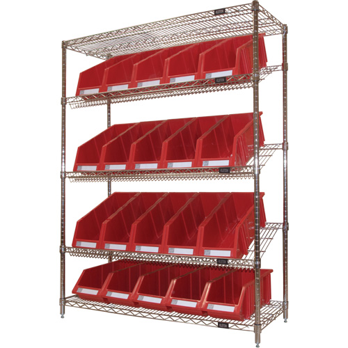 Slanted Wire Shelf with Bins, 5 Tiers, 48" W x 63" H x 18" D Nia-Chem Ltd.