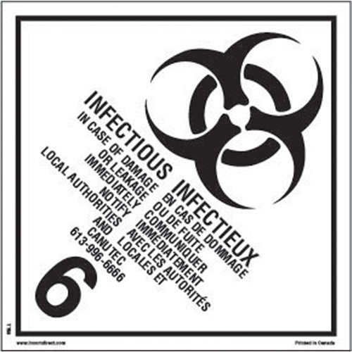 TDG Shipping Labels, Class 6.2, Infectious Substances, Vinyl Nia-Chem Ltd.