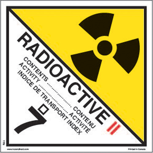 TDG Shipping Labels, Class 7, Radioactive II, Paper Nia-Chem Ltd.