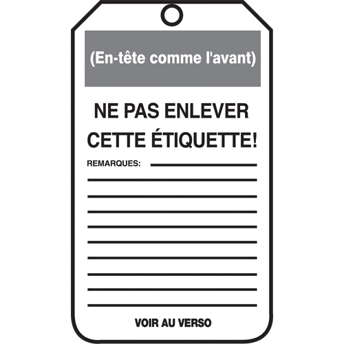 &eacute;tiquettes de verrouillage, Papier cartonn&eacute;, 3-1/8" la x 5-7/8" h, Français Nia-Chem Ltd.