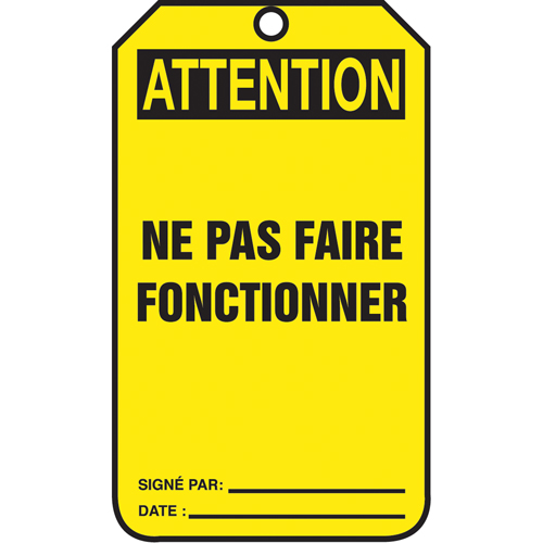 &eacute;tiquettes de verrouillage, Papier cartonn&eacute;, 3-1/8" la x 5-7/8" h, Français Nia-Chem Ltd.