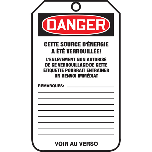 &eacute;tiquettes de verrouillage, Plastique, 3-3/8" la x 5-7/8" h, Français Nia-Chem Ltd.