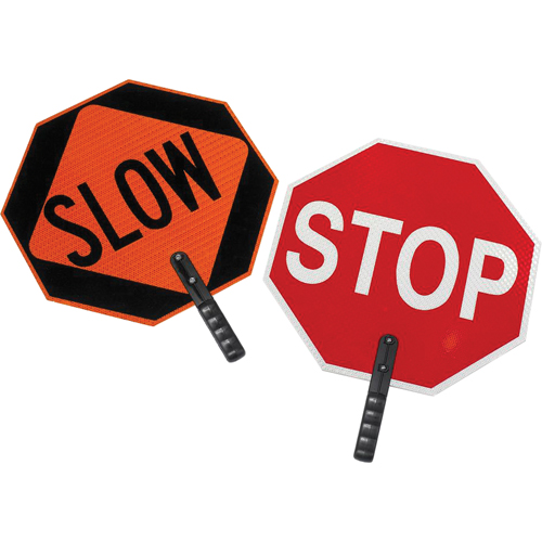 Panneau de signalisation &agrave; deux c&ocirc;t&eacute;s  Stop/Slow , 18" x 18", Plastique, Anglais avec pictogramme Nia-Chem Ltd.