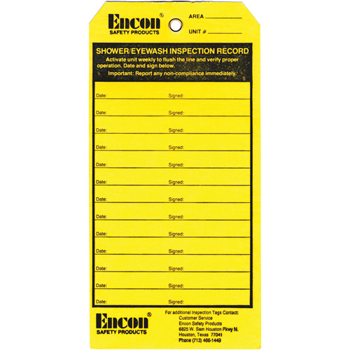 Emergency Shower & Eyewash Inspection Record Tag, Cardstock, 3-1/8" W x 6-1/4" H, English Nia-Chem Ltd.