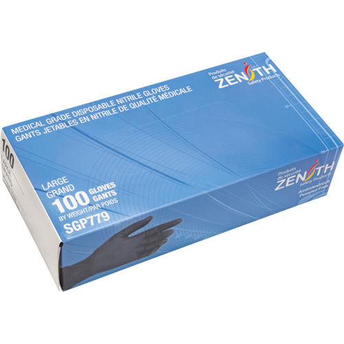 Gants jetables de calibre m&eacute;dical r&eacute;sistants &agrave; la perforation, Grand, Nitrile, 5 mils, Sans poudre, Noir, Classe 2 Nia-Chem Ltd.