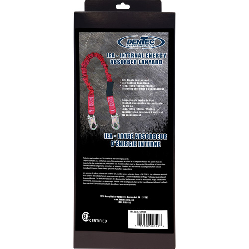 Longe amortisseuse interne ShockSorb, 6', Point d'ancrage &agrave; Crochet mousqueton, Crochet mousqueton aux jambes, Polyester Nia-Chem Ltd.