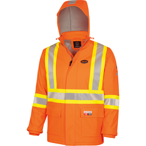 5884 Manteau imperm&eacute;able ignifuge et r&eacute;sistant aux arcs &eacute;lectriques avec capuchon Flash-Gard, Petit, Orange haute visibilit&eacute;, 51 cal/cm² Nia-Chem Ltd.