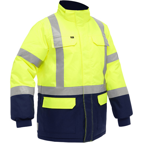 Manteau pour le froid extr&ecirc;me avec bas bleu marin et X au dos Bisley, Polyester, Jaune lime haute visibilit&eacute;, T-Grand Nia-Chem Ltd.