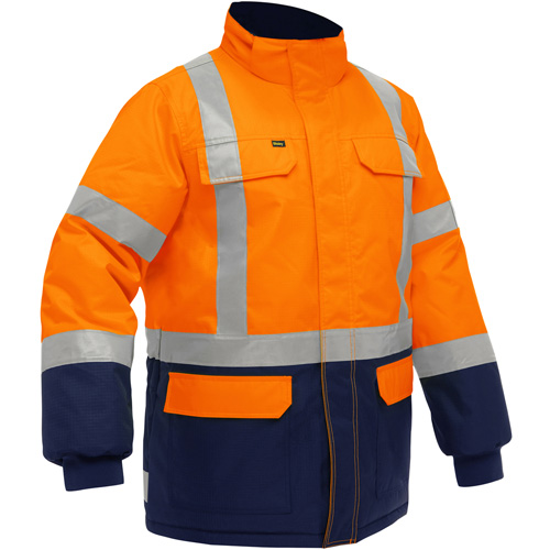 Manteau pour le froid extr&ecirc;me avec bas bleu marin et X au dos Bisley, Polyester, Orange haute visibilit&eacute;, 4T-Grand Nia-Chem Ltd.